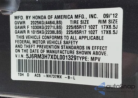 2013 Honda Cr-V Ex-L z USA, uszkodzony, nr VIN 5J6RM3H7XDL001329